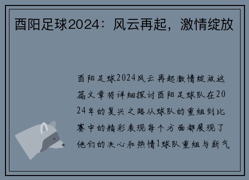 酉阳足球2024：风云再起，激情绽放