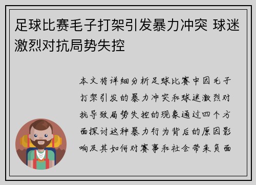 足球比赛毛子打架引发暴力冲突 球迷激烈对抗局势失控