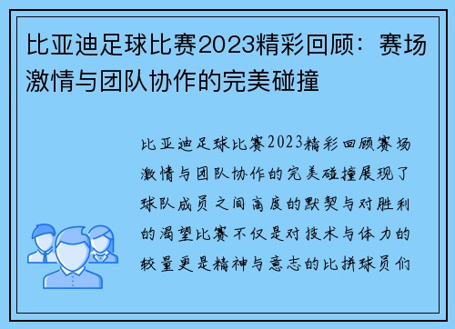 比亚迪足球比赛2023精彩回顾：赛场激情与团队协作的完美碰撞