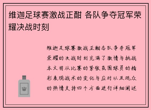 维迦足球赛激战正酣 各队争夺冠军荣耀决战时刻