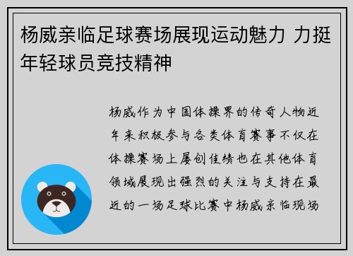 杨威亲临足球赛场展现运动魅力 力挺年轻球员竞技精神