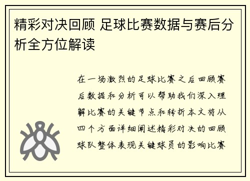 精彩对决回顾 足球比赛数据与赛后分析全方位解读
