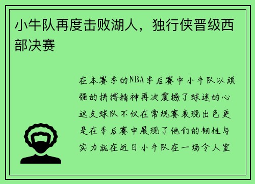 小牛队再度击败湖人，独行侠晋级西部决赛