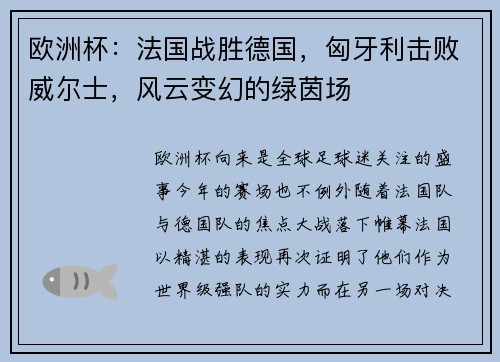 欧洲杯：法国战胜德国，匈牙利击败威尔士，风云变幻的绿茵场