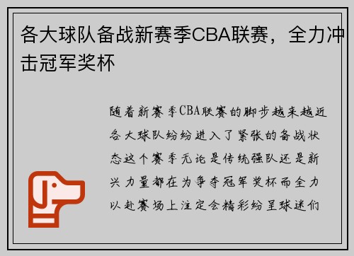 各大球队备战新赛季CBA联赛，全力冲击冠军奖杯