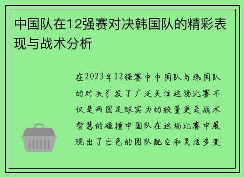 中国队在12强赛对决韩国队的精彩表现与战术分析