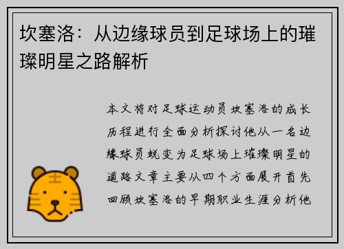 坎塞洛：从边缘球员到足球场上的璀璨明星之路解析