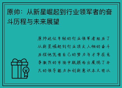 原帅：从新星崛起到行业领军者的奋斗历程与未来展望