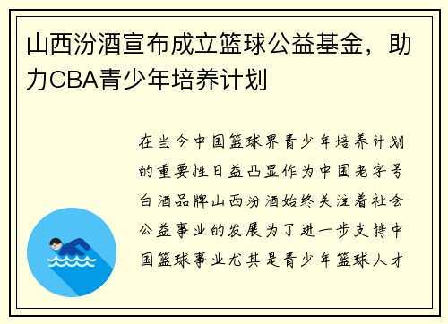 山西汾酒宣布成立篮球公益基金，助力CBA青少年培养计划