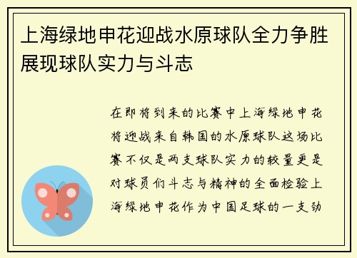 上海绿地申花迎战水原球队全力争胜展现球队实力与斗志