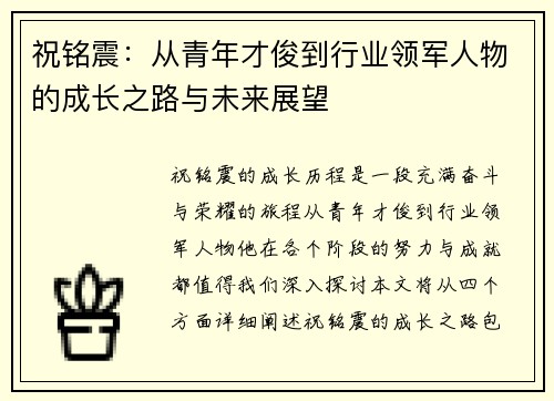 祝铭震：从青年才俊到行业领军人物的成长之路与未来展望