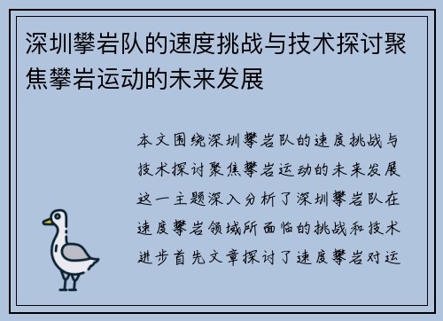 深圳攀岩队的速度挑战与技术探讨聚焦攀岩运动的未来发展