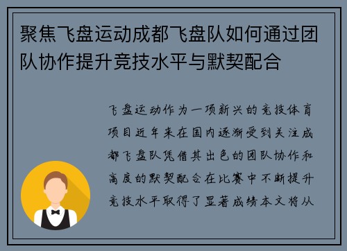 聚焦飞盘运动成都飞盘队如何通过团队协作提升竞技水平与默契配合