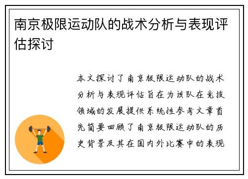 南京极限运动队的战术分析与表现评估探讨
